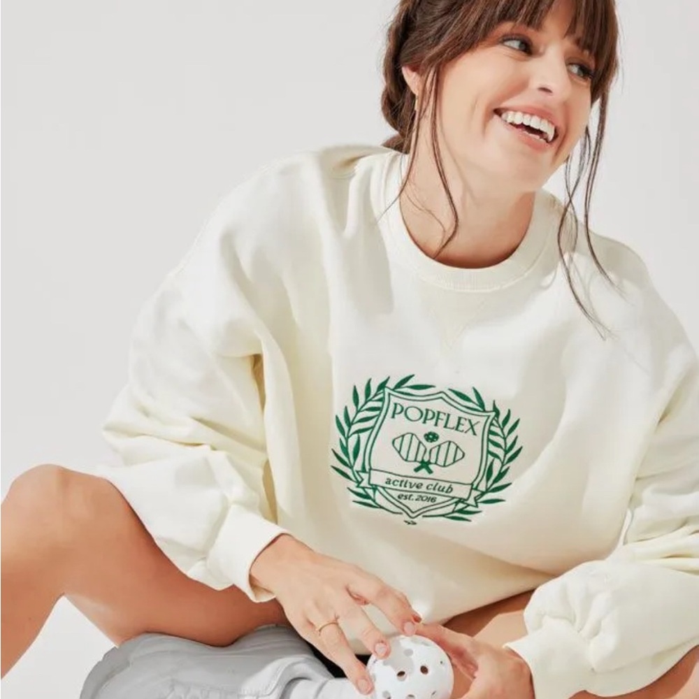 Popflex Women’s Active Club Cloud Crewneck Sweater Cream & Green Size L/XL